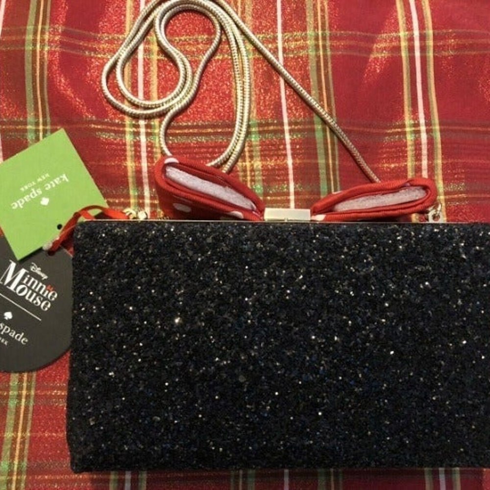 Kate Spade Disney Minnie Mouse Black Glitter Bow Clasp Clutch Crossbody New